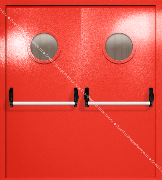 Двупольная дверь ei-60 с круглыми стеклами и ручками «антипаника» (цвет красный RAL 3020)