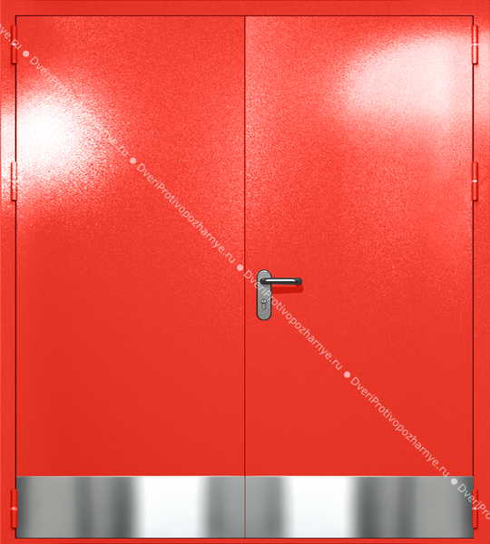 Двупольная глухая дверь ei-60 с отбойниками и ручками «антипаника» (цвет красный RAL 3020) Двупольная глухая дверь ei-60 с отбойниками и ручками «антипаника» (цвет красный RAL 3020)