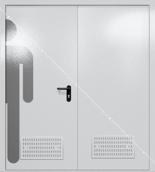 Двупольная глухая дверь ei-60 с обозначением санузла и вентиляцией (цвет светло-серый RAL 7047)