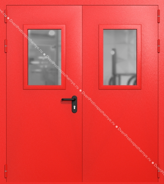 Двупольная дверь ei-60 со стеклами 600x400 (цвет красный RAL 3020)