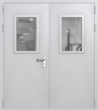 Двупольная дверь ei-60 со стеклами 600x400 и ручками хром (цвет светло-серый RAL 7047)