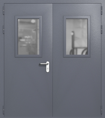 Двупольная дверь ei-60 со стеклами 600x400 и ручками хром (цвет темно-серый RAL 7015)