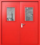 Двупольная дверь ei-60 со стеклами 600x400 и ручками хром (цвет красный RAL 3020)