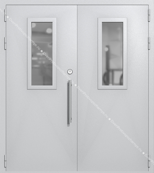 Двупольная техническая дверь со стеклами 700x300 (цвет светло-серый RAL 7047)