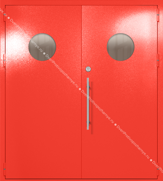 Двупольная техническая дверь с круглыми стеклами (цвет красный RAL 3020)