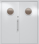 Двупольная техническая дверь с круглыми стеклами (цвет светло-серый RAL 7047)