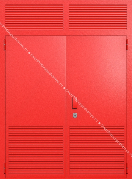 Двупольная глухая техническая дверь с верхней вставкой и вентиляцией (цвет красный RAL 3020) Двупольная глухая техническая дверь с верхней вставкой и вентиляцией (цвет красный RAL 3020)