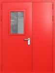 Полуторапольная дверь ei-60 со стеклом 600x400 и ручками хром (цвет красный RAL 3020)