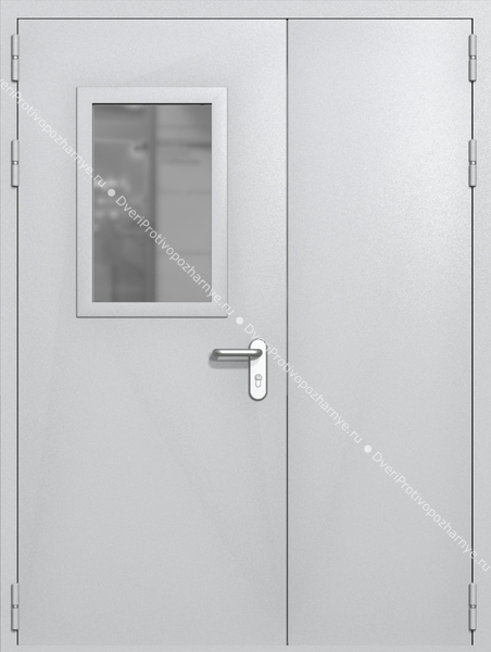 Полуторапольная дверь ei-60 со стеклом 600x400 и ручками хром (цвет светло-серый RAL 7047)