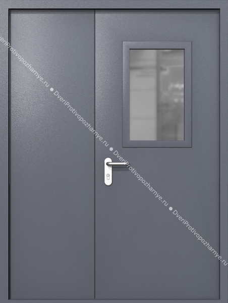 Полуторапольная дверь ei-60 со стеклом 600x400 и ручками хром (цвет темно-серый RAL 7015)