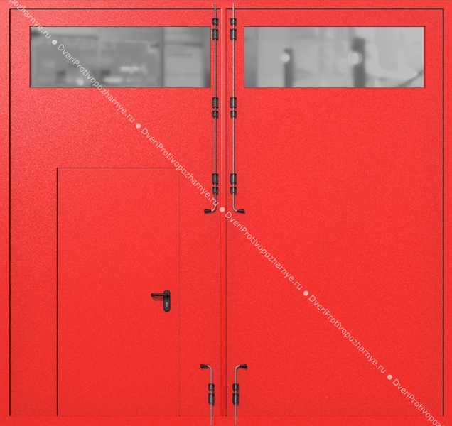 Распашные крупногабаритные ворота ei-60 с остеклением и калиткой (цвет красный RAL 3020) Распашные крупногабаритные ворота ei-60 с остеклением и калиткой (цвет красный RAL 3020)